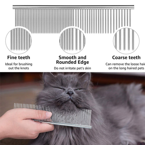 Flea Comb for Dogs & Cats, 5 Pieces Grooming Set with Metal Teeth and Storage Pouch (Pink)