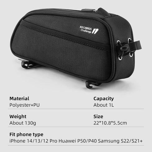 ROCKBROS Top Tube Bike Bag, Bicycle Front Frame Bag Cycling Accessories, Lightweight Portable Mounting System
