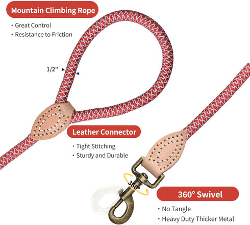 Mile High Life Reflective Dog Leash, Strong Nylon Heavy Duty Dog Training Leash for Small Medium Large Dogs (Red, 72