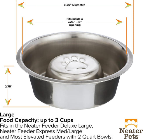 Neater Pet Brands Stainless Steel Slow Feed Bowl for Dogs or Cats - 3 Cup, Fits Neater Feeders & Other Raised Feeders