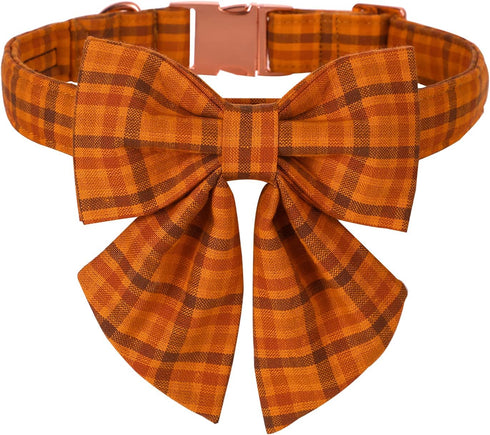 Maca Bates Thanksgiving Day Halloween Checkered Dog Collar with Grid Bow Plaid Bowtie, Adjustable Cute Collars for