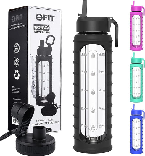 FIT Strong & Healthy 32 oz Glass Water Bottle with Straw Lid