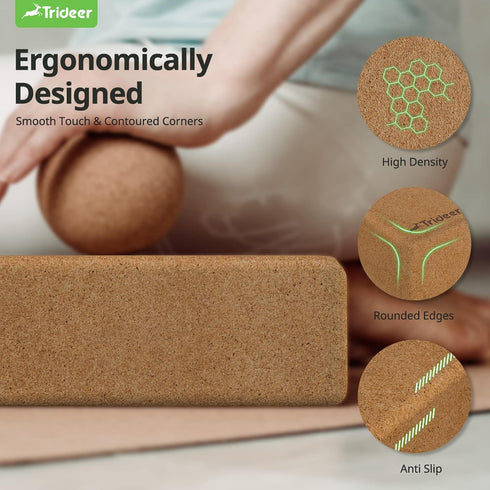 Trideer Cork Yoga Blocks - 2 Pack Natural High Density Yoga Block with Non Slip Surface for Yoga, Pilates, Stretching
