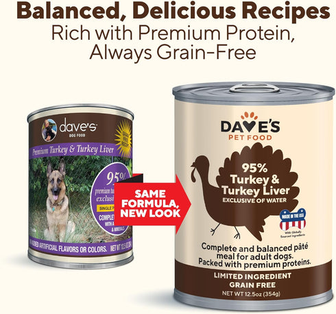 Dave's Pet Food Grain Free Wet Dog Food, 95% Turkey & Turkey Liver, 12.5 oz Cans, Case of 12