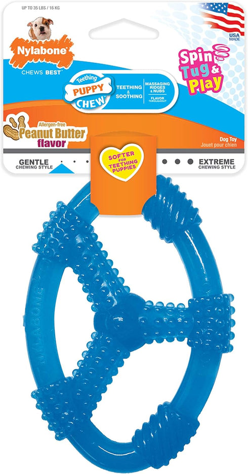 Nylabone Spin Tug & Play Puppy Chew Ring Toy, Soothing Teething Bone for Medium Dogs, Blue, Peanut Butter Flavor, 1