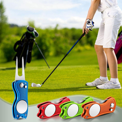 Skylety 4 Pieces Golf Divot Repair Tool with Magnetic Button Ball Marker, Stainless Steel Foldable Tool
