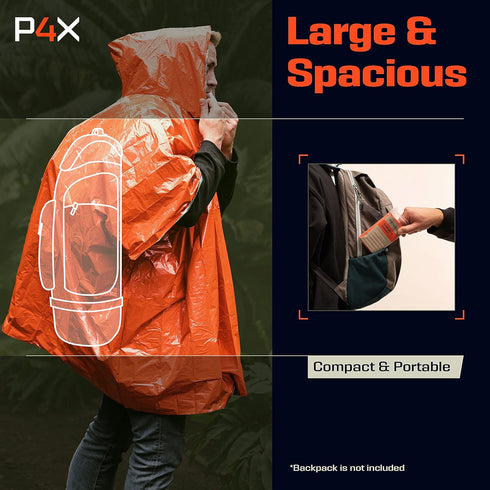 PREPARED4X Emergency Poncho and Mylar Blanket Liner, Waterproof Wind-Resistant Outdoor Rain Poncho