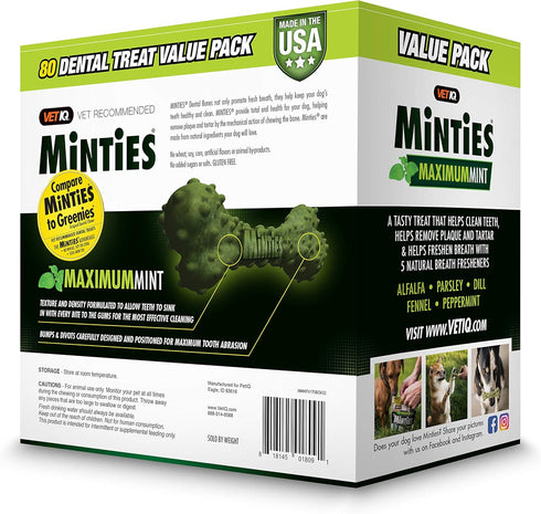 VetIQ Minties Dog Dental Bone Treats - Dental Chews for Tiny/Small Dogs under 40 lbs, 80 Treats