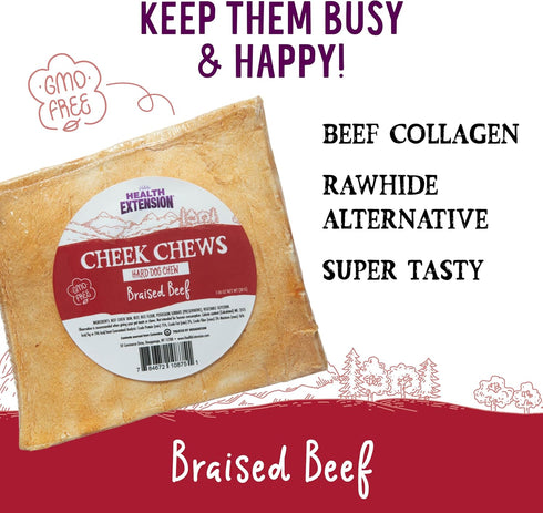 Health Extension Cheek Chews, Non-GMO, Rawhide Free, Training Treats for Dogs & Puppies, Braised Beef Flavor