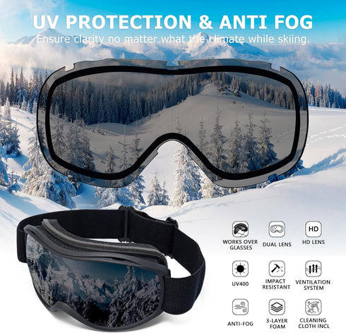 SPOSUNE OTG Ski Goggles, Men Women Over Glasses, Anti Fog Snowboard Goggles, UV Protection for Adult & Youth