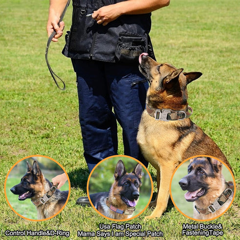 KCUCOP Military Tactical Dog Collar with 2 Patches, 1.5" Width, Adjustable Heavy Duty Metal Buckle for M, L, XL Dogs