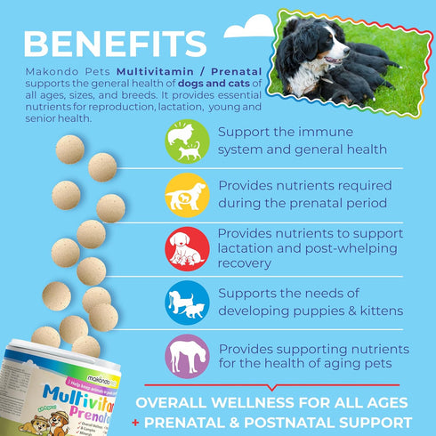 Dog Prenatal Vitamins Multivitamin for Cats & Dogs, Folic Acid, Calcium, Iron, Minerals and Amino Acids. Ideal