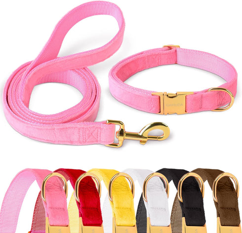 GAMUDA Velvet Dog Collar and Leash - Super Soft Heavy Duty Gold Buckle, Adjustable Easy to Clean (XL, Pink)