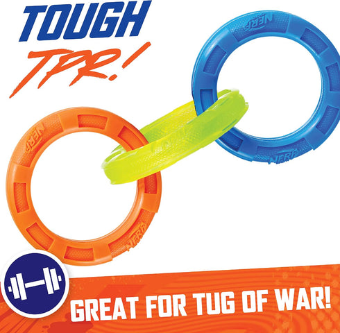 Nerf Dog 11.5in 3-Ring TPR Tug Toy in Blue, Green & Orange