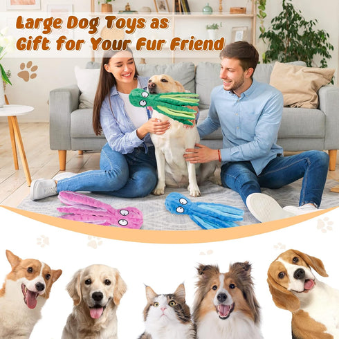 3 Pack Dog Toys for Small Medium Large Dogs - No Stuffing Crinkle Plush Chew Toys for Aggressive Chewers (Octopus)