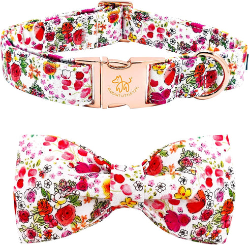 Elegant Pink Rose Print Dog Collar, Durable Cotton Adjustable Pet Collar with Metal Buckle for X-Small Dogs