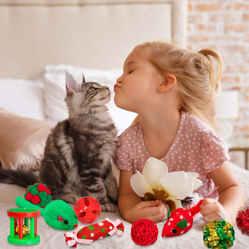 Whaline 17pcs Christmas Cat Toys - Stocking Cat Stick, 7 Cat Playing Balls, 2 Mice Plush, Snowman & Christmas Tree