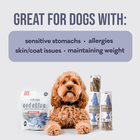 Polkadog Cod Skins for Dogs (2oz Shortie) - Single Ingredient Wild-Caught Fish Skin Dog Treats, Grain Free