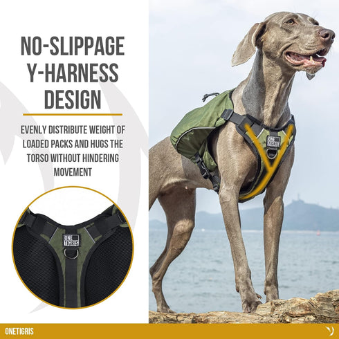 OneTigris Y-Shaped Dog Backpack, Lightweight Hiking Gear with Handle, Pockets & No Pull D-Rings (Large, Green)