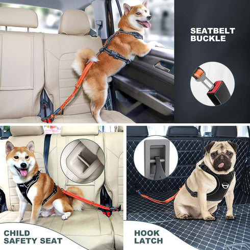 Dog Seat Belt 3-in-1 Car Harness for Dogs - Adjustable Safety Seatbelt for Car with Reflective Bungee Fabric, Clip Hook