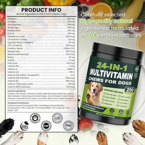 24-in-1 200 Count Omega-3 Dog Multivitamins Chewable, Dog Vitamins and Supplements with Glucosamine Chondroitin