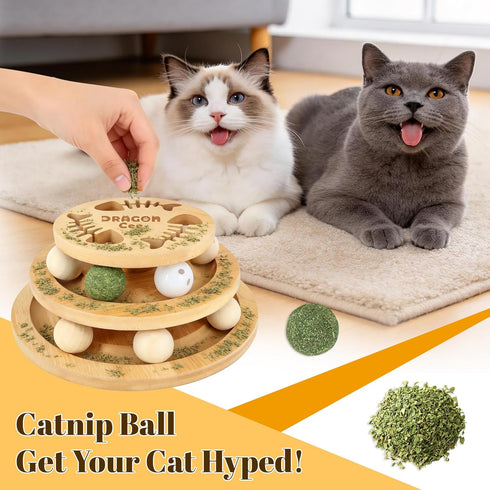 DRAGONCEE Cat Ball Track Toy with Puzzle Top, Interactive Cat Toys for Indoor Cats with Spinning Balls, Wooden Cat Ball