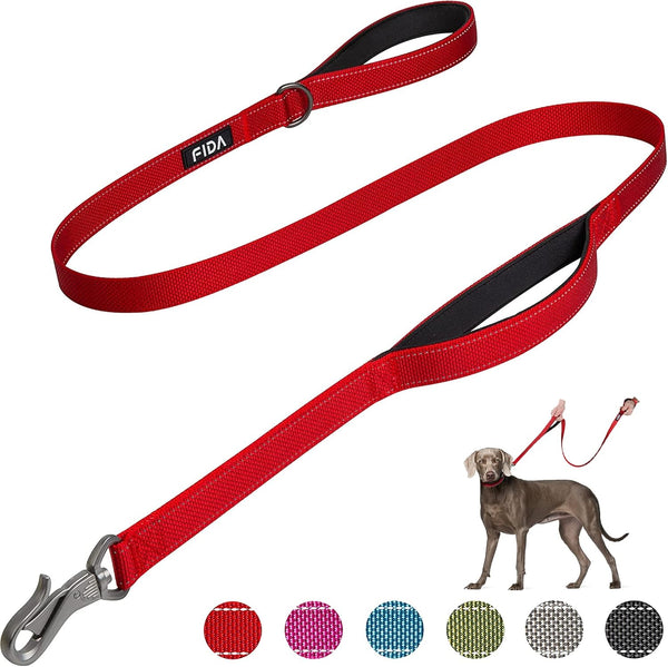 Fida 5 FT Heavy Duty Dog Leash, Reflective Walking Lead with 2 Padded Handles for Large, Medium & Small Breed Dogs, Red