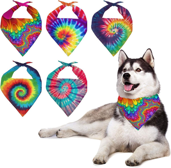 Howilath 5 PCS Set Tie-Dye Dog Bandana, Washable Triangle Neckerchief, Colorful Scarf for Dogs Cats Pets, One Size