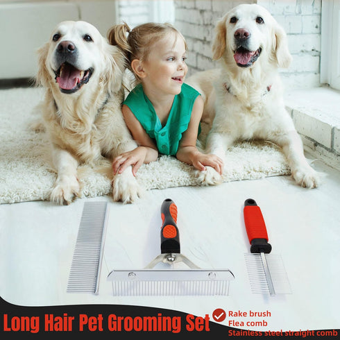 3-Pack Set Long-Tooth Pet Brush - Dog Rake Brush & Steel Shedding Comb & Double-Sided Teech Comb for Double Coat Large