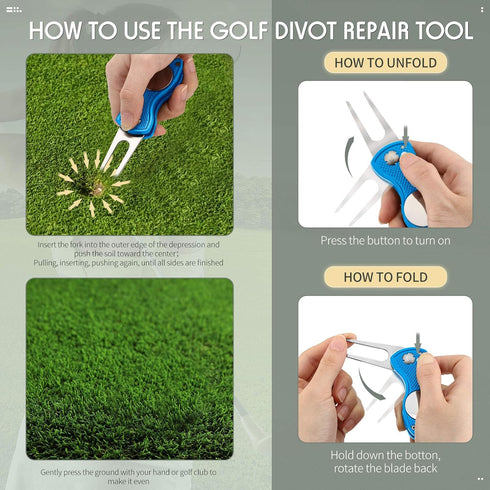 Skylety 4 Pieces Golf Divot Repair Tool with Magnetic Button Ball Marker, Stainless Steel Foldable Tool