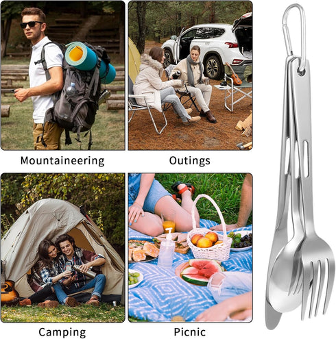 DOPENSPI 3PCS Set Set Backpacking Camping Utensil with Carrying Bag, Stainless Steel Camp Flatware Ultralight Fork