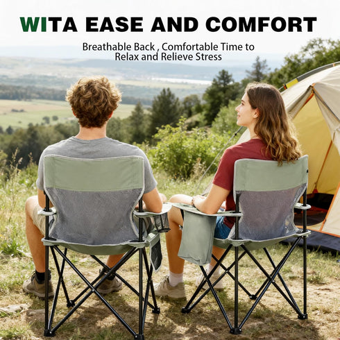 XMT Portable Outdoor Folding Chair with Cup Holder & Cooler Bag - Breathable Mesh, Wide Armrests, Ergonomic Design