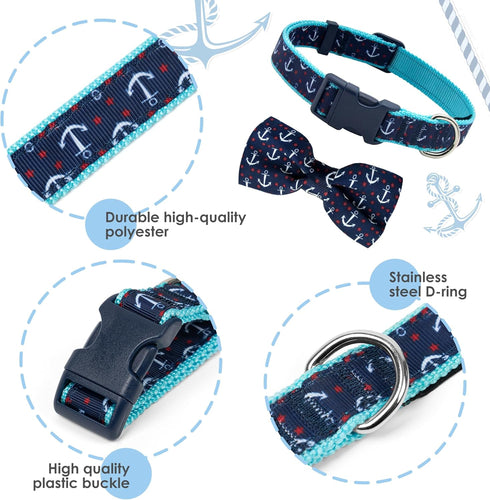 azuza Anchor Dog Collar with Bow Tie, Soft Comfortable Adjustable Collar for Medium Dogs