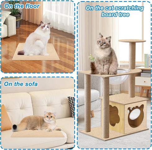 4 Pack Cat Scratch Mats 24”x16”, Self-Adhesive Trimmable Carpet for Cat Tree Replacement Parts, Beige