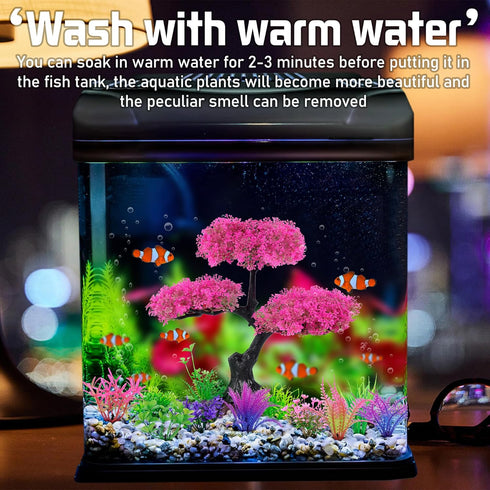 Ameliade Pink Cherry Blossom Tree & Grass Aquarium Decor Set, Artificial Plastic Plants for Goldfish Betta Fish Tank