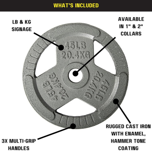 HulkFit Cast Iron Weight Plate 1 inch & 2 inch with Multi-Grip Handles, Enamel Coated for Barbells - Grey