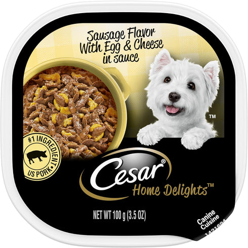 CESAR HOME DELIGHTS Adult Wet Dog Food Sausage Flavor with Egg and Cheese in Gravy, 3.5 oz. Pack of 24