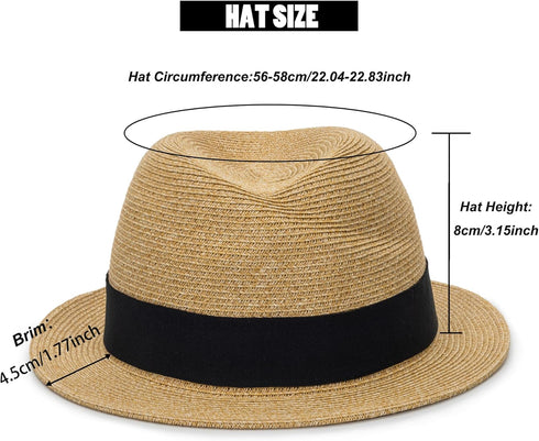 Straw Fedora-Sun-Hats for Women Men Summer Short Brim Roll Up Trilby Hat Packable Panama-Jazz Beach Hat(Size:M)