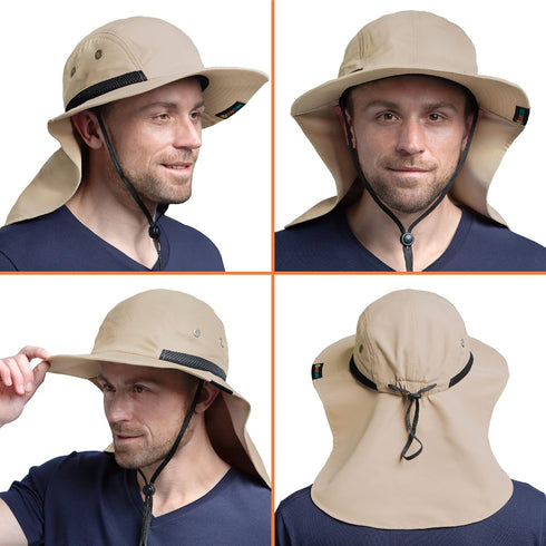 SUN CUBE Wide Brim Sun Hat for Men, Neck Flap Cover, UV Protection for Hiking, Camping, Gardening