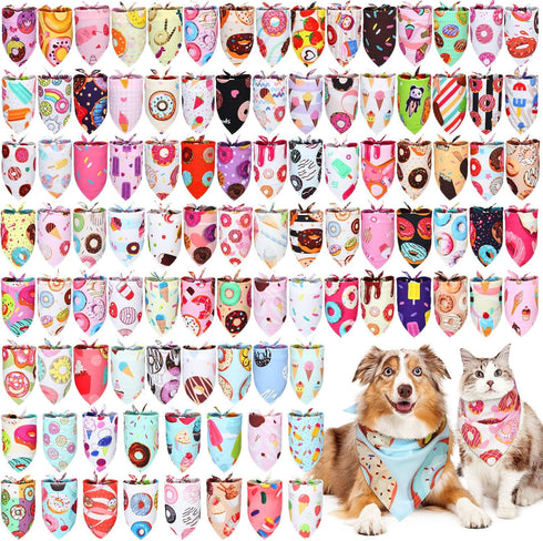 Huhumy 100 Pcs Donut Dog Bandanas Bulk Pet Bibs Colorful Triangle Scarf Donut