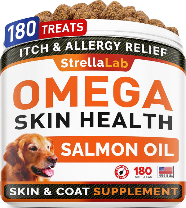StrellaLab Omega 3 for Dogs - Fish Oil Treats (180Ct) for Allergy & Itch Relief, Skin & Coat Supplement, Chicken Flavor