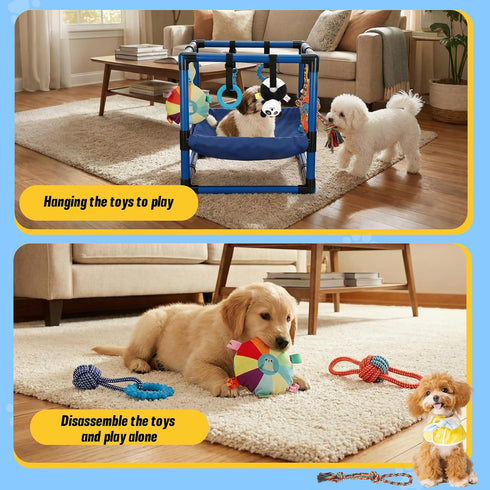 Bullro 8 Hammock Blue Puppy Play Gym with Hanging Toys, Dog Jungle Gym Indoor with and Funny Enrichment Toys, PVC Frame