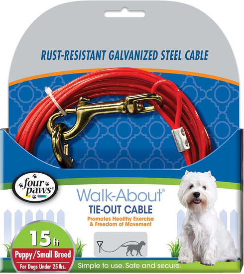 Four Paws Puppy Dog Tie Out Cable, Red, 15 Feet