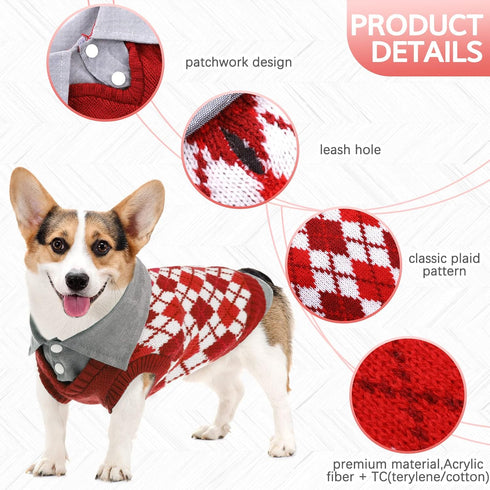 Kuoser Plaid Dog Sweater, Warm Patchwork Design Knitwear for Small Medium Dogs (XS, Red)