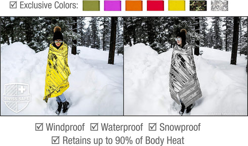 Swiss Safe Emergency Mylar Thermal Blankets + Bonus Space Blanket - Compact & Insulated for Cold Weather, Outdoor