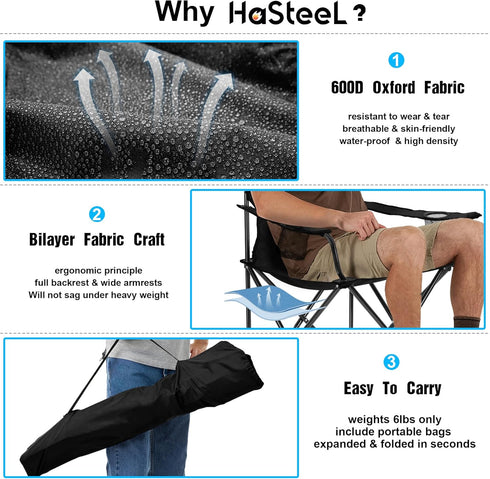Set 2, 275lbs HaSteeL Foldable Camping Chair of Folding Camp Chairs for Adults, Large Portable Lawn Chair for Outdoors