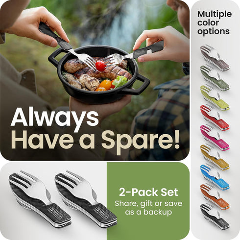 Orblue 4-in-1 Camping Eating Utensils, 2-Pack, Portable Spoon, Fork, Knife & Bottle Opener Combo Set, Black