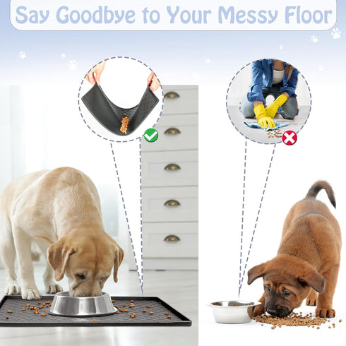 Dog Cat Pet Food Mat for Floor, Waterproof Slip Rubber Mat for Food and Water, Raised Edges Prevent Spill on Floor