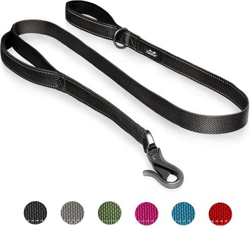 TwoEar 6FT 1IN Strong Black Dog Leash, 2 Padded Handles, Traffic Handle for Extra Control, Reflective Lead for All Dogs