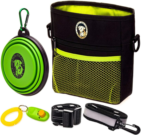 Premium Dog Treat Pouch - Training Treat Bag with Clicker, Collapsible Bowl, Adjustable Straps & Belt Clip for Dogs
